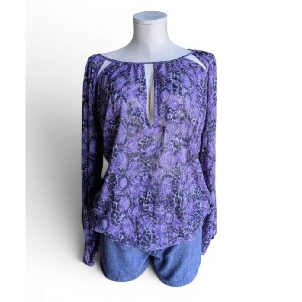 Lane Bryant Purple Black Animal Print Sheer‎ Cut Out Blouse Top Size 14